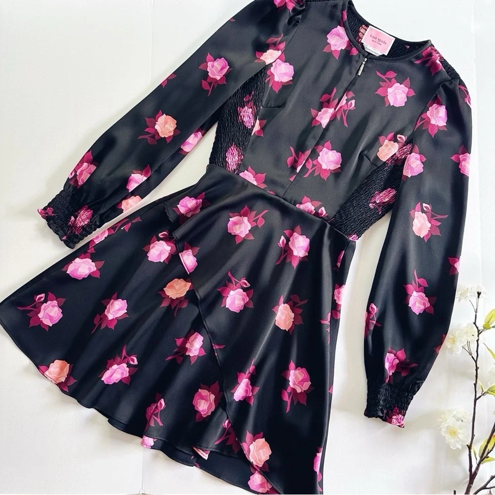 Kate Spade Rose Garden Smocked Satin Dress